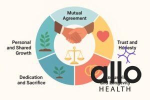 A circular diagram illustrating the committed relationship meaning through five interconnected segments—Mutual Agreement (handshake), Trust and Honesty (transparent heart), Exclusivity and Longevity (interlocking rings), Dedication and Sacrifice (balance scale), and Personal and Shared Growth (two plants growing together).
