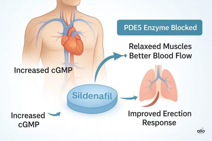 Sildenafil ka effect dikhata hua medical infographic — PDE5 enzyme block hone, cGMP badhne aur blood flow improve hone ka process batata hai