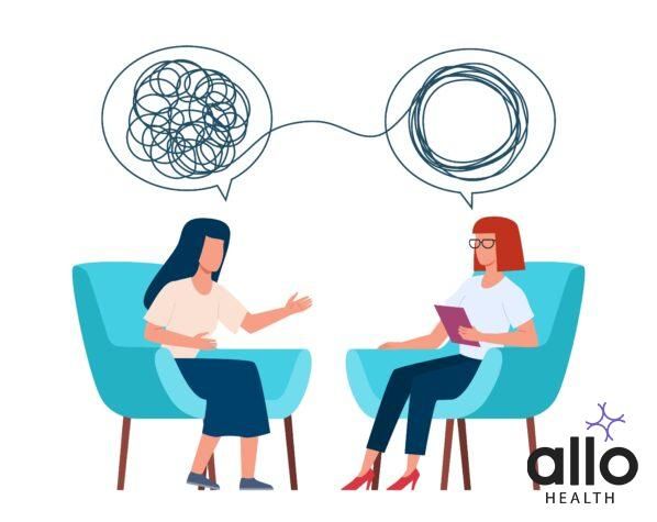 Psychotherapy concept. Psychologist and patient with tangled and untangled mind metaphor, doctor solving psychological problems, couch consultation, mental health vector illustration. women libido booster Managing Chlamydia : Coping and Psychological Support