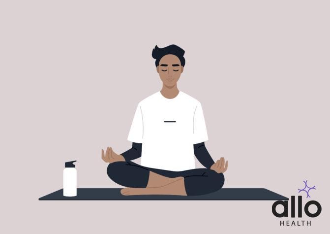 Young calm male character meditating in a lotus yoga pose, mindful lifestyle concept. how to control sexual desire Yoga And Sexuality: How To Improve Sexual Health &#x26; Well-Being Managing Hepatitis C: Coping and Psychological Support