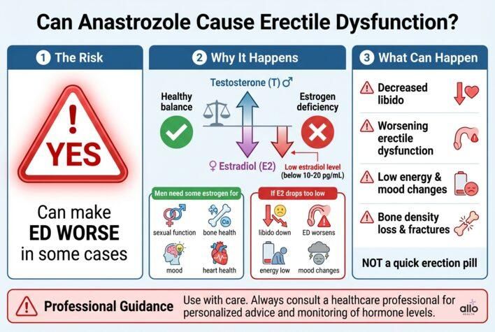 Infographic showing how anastrozole can worsen erectile dysfunction by lowering estradiol too much, explaining risks like low libido, ED worsening, mood changes, and bone issues.