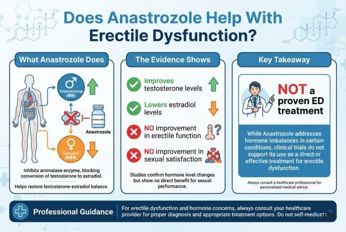 Medical infographic explaining whether anastrozole helps erectile dysfunction, showing how the drug affects testosterone and estradiol levels, with evidence summary and key takeaway.