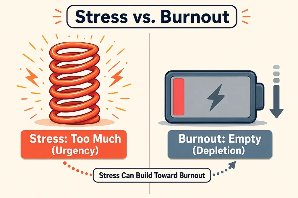 Diagram comparing the difference between stress and burnout
