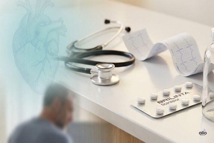 “Medical desk setup showing Brilinta tablets, ECG printouts, and a stethoscope, illustrating brilinta side effects erectile dysfunction and heart-related sexual health concerns.”