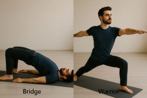 Man demonstrating Bridge and Warrior poses that support healthy testosterone levels through improved circulation and stress reduction 