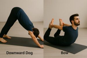 Man practicing Downward Dog and Bow poses to enhance circulation and hormonal health 
