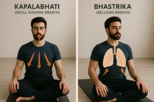 Man demonstrating Kapalabhati and Bhastrika breathwork with arrows showing breath flow. 