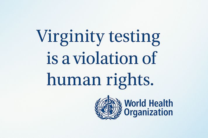 Educational poster with WHO branding, stating that virginity testing is a violation of human rights.