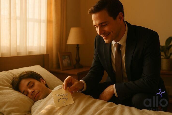 Person placing a loving note on partner&#x27;s pillow while they sleep, kindness relationship