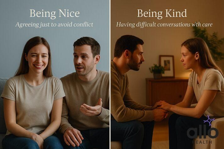 Split image comparing surface-level niceness versus genuine kindness in relationships, kindness relationship