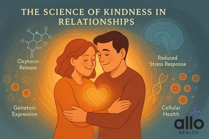 Couple embracing with visual representation of kindness&#x27;s biological benefits, kindness relationship