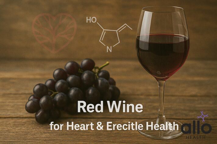 Glass of red wine shown as the best drink for erectile dysfunction, rich in antioxidants and resveratrol that support nitric oxide and blood flow.