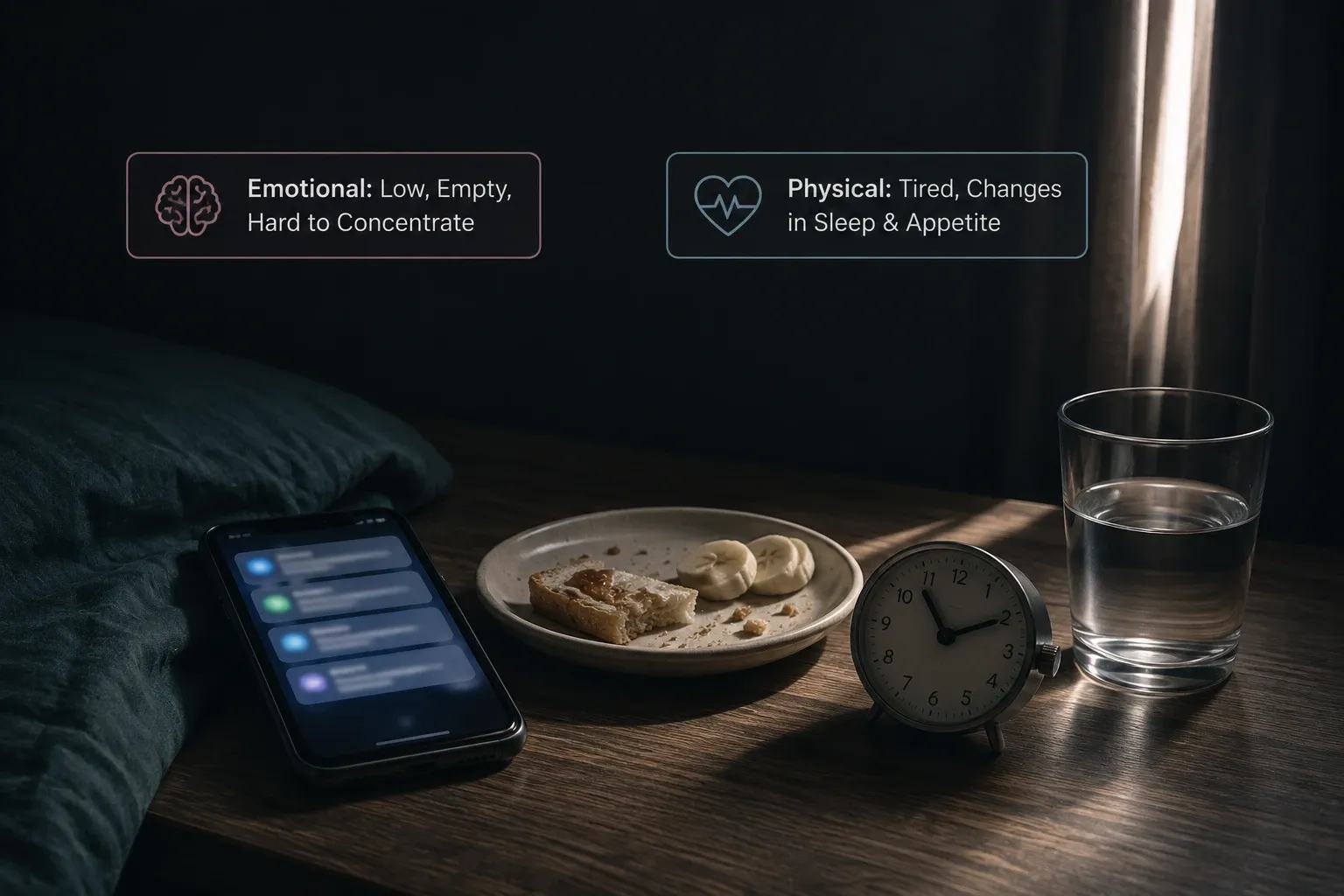 Bedside objects representing emotional and physical symptoms of depression