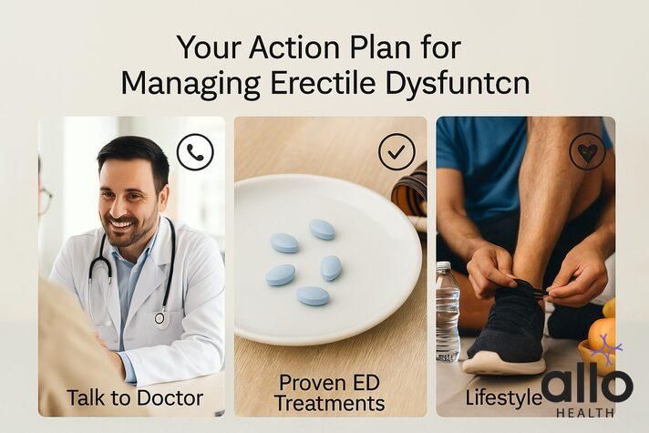 Three-panel image showing a doctor consult, blue ED pills, and healthy lifestyle habits, illustrating aloe vera use for erectile dysfunction context.