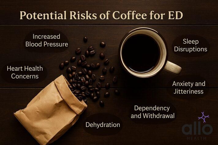 Potential risks of coffee and erectile dysfunction including sleep problems, anxiety, high blood pressure, and dehydration