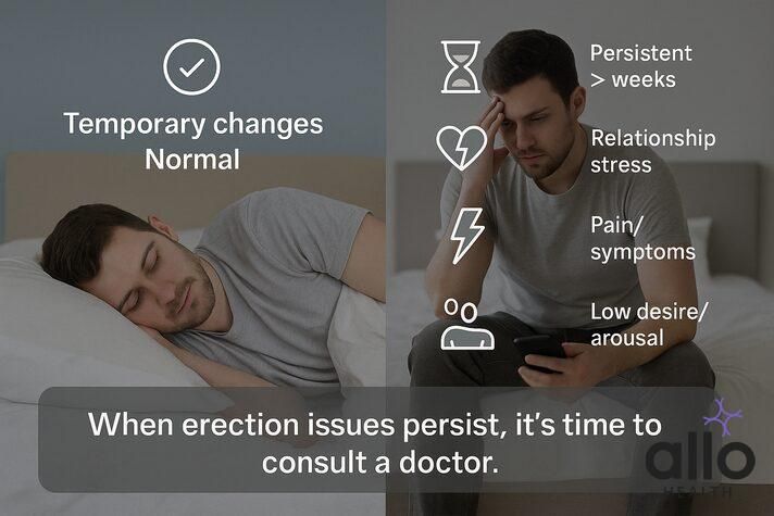 : Infographic showing when to worry about erectile dysfunction, clarifying that while people ask can too much sex cause erectile dysfunction, real red flags include persistent erection problems, pain, low desire, and relationship stress.