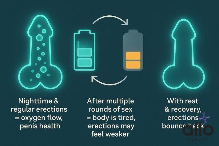 Infographic showing erections and penis health as a battery cycle — full charge with regular erections, half-charge after too much sex, and full recovery with rest. on &#x22;can too much sex cause erectile dysfunction&#x22;