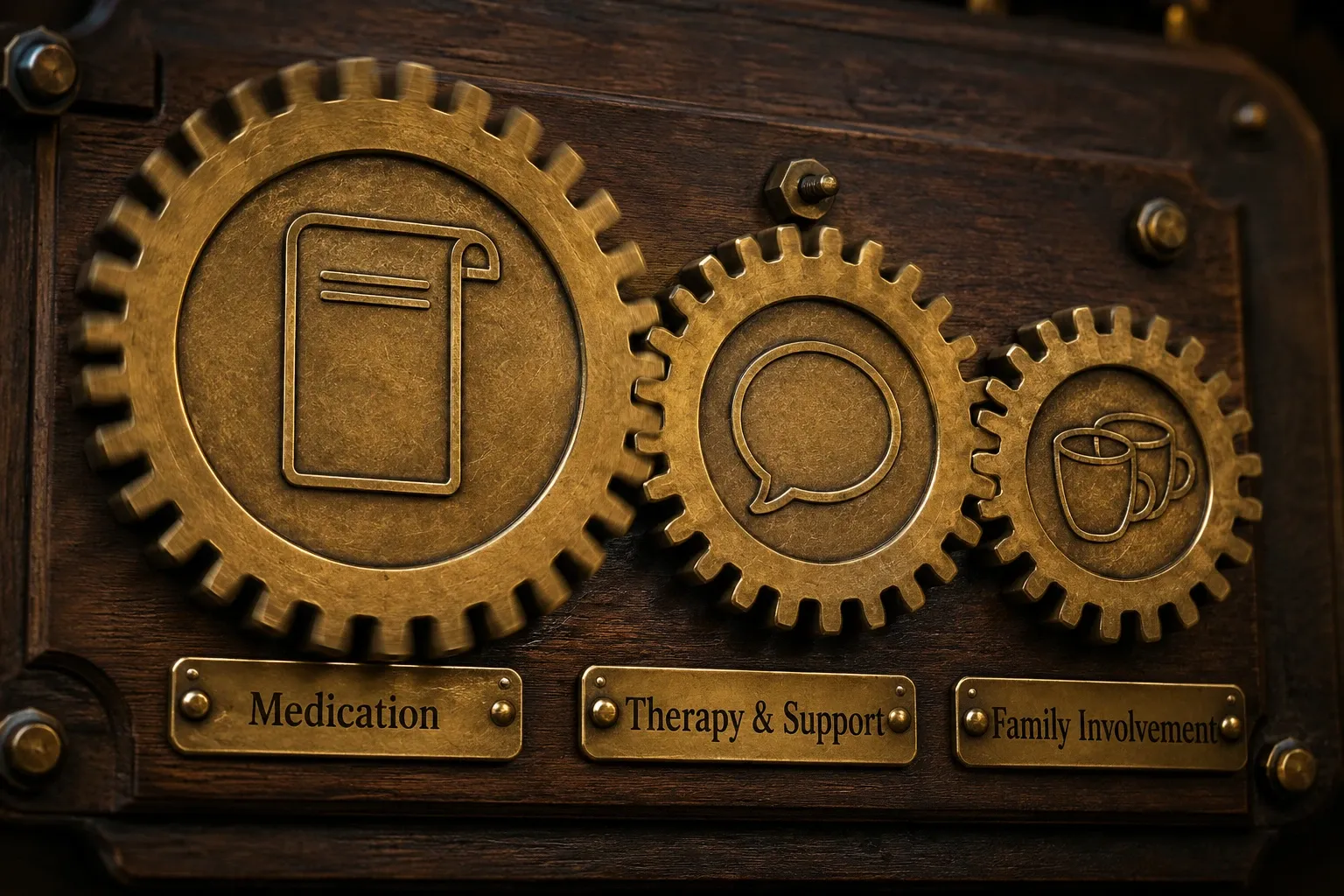 Interlocking gears representing combined treatment for schizophrenia