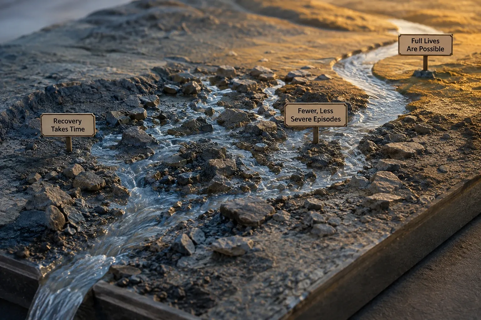 River reconverging after disorder, representing recovery from schizophrenia
