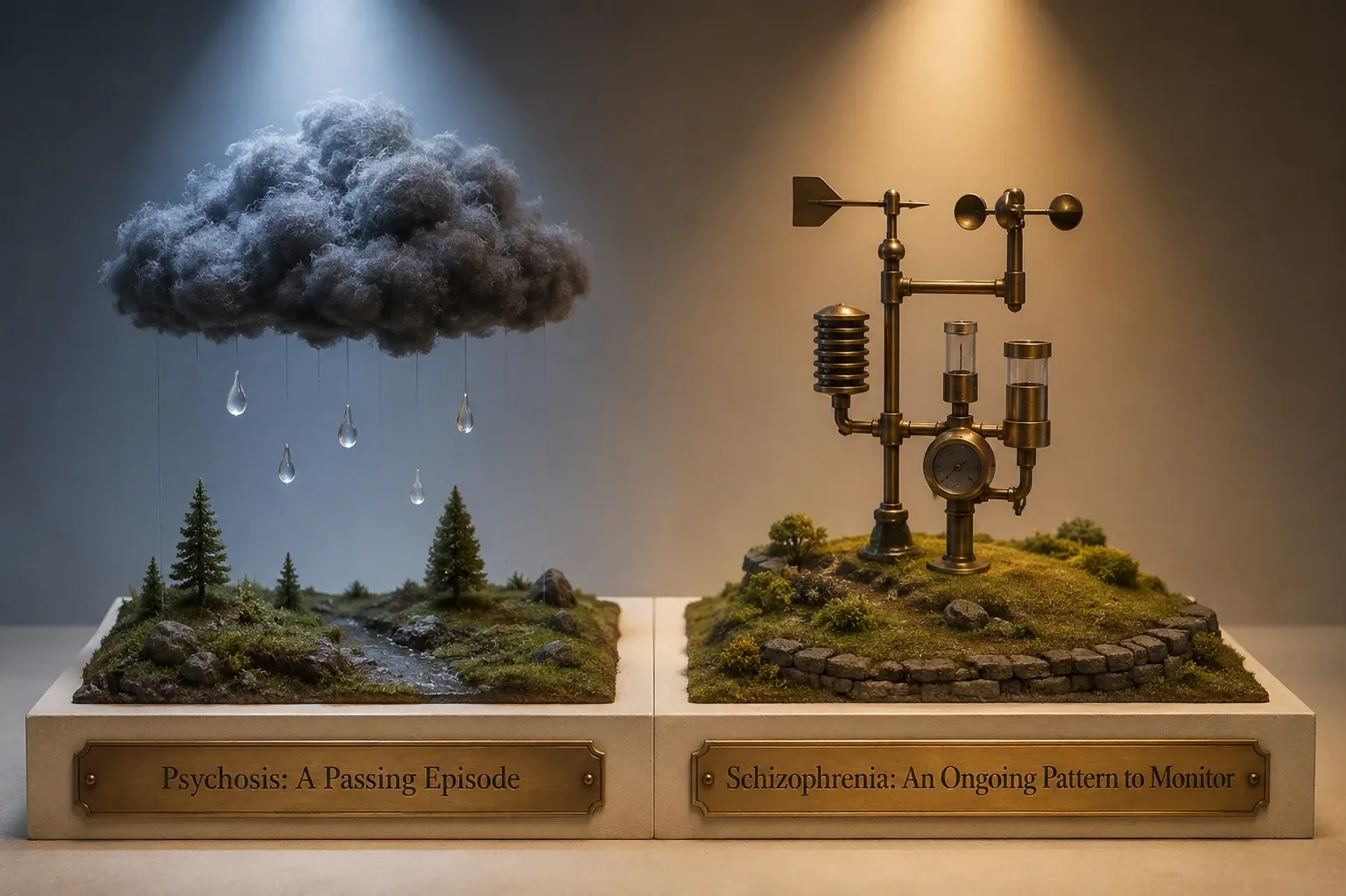 Miniature storm and weather station representing psychosis versus schizophrenia