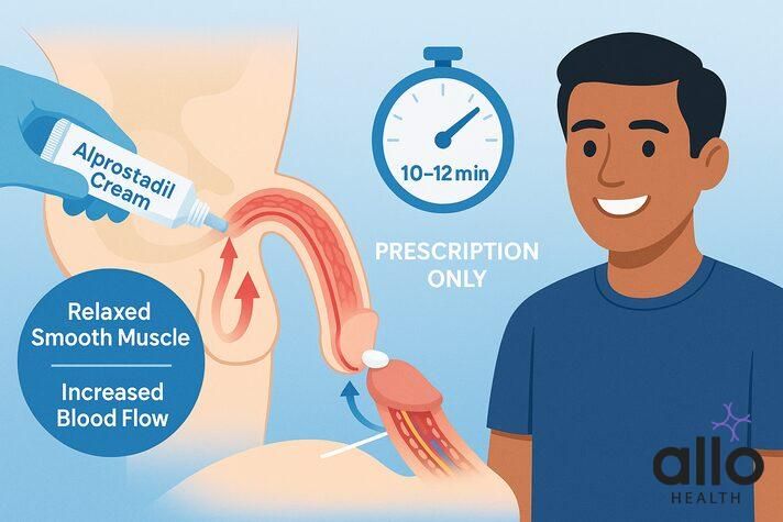 Illustration highlighting best creams for erectile dysfynction, showing alprostadil topical cream applied to the penis to relax smooth muscle, increase blood flow, and produce erections within 10–12 minutes under prescription use.