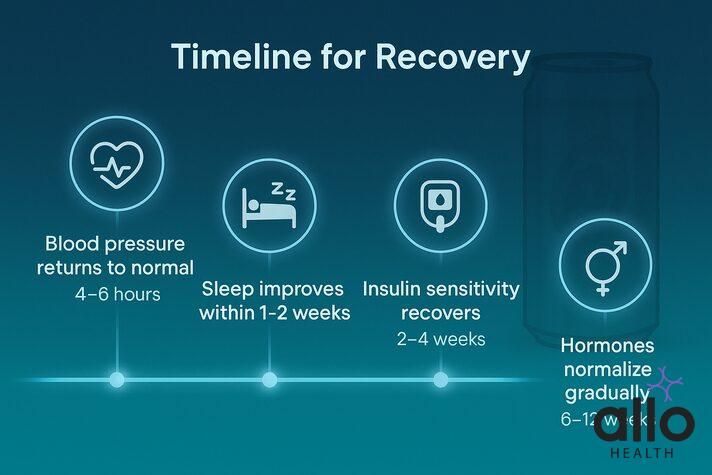 Recovery timeline showing how cutting energy drinks improves blood pressure, sleep, metabolism, and hormone balance.