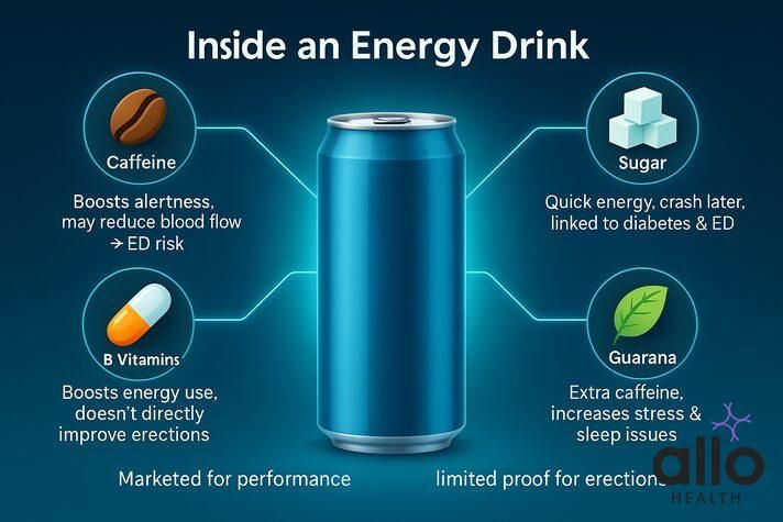 Can energy drink cause erectile dysfunction? Inside an energy drink infographic showing caffeine, sugar, taurine, guarana, and B vitamins linked to ED risk.
