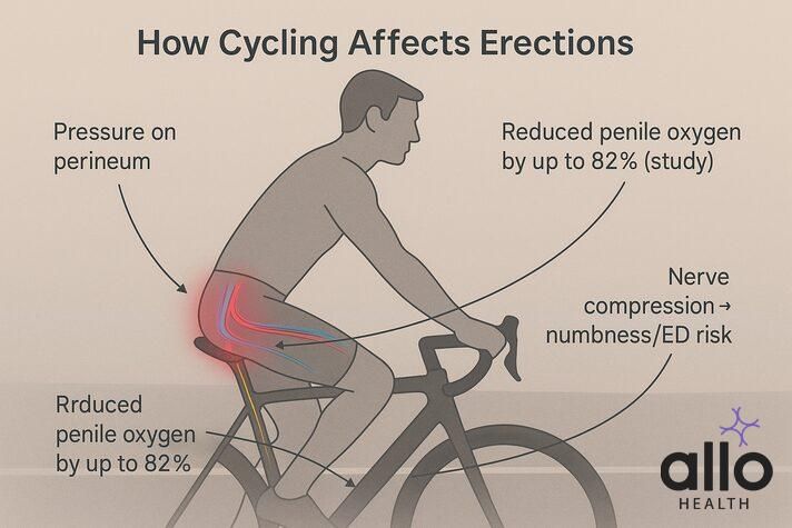 Educational infographic showing how bike seats to prevent erectile dysfunction work by reducing perineum pressure, nerve compression, and oxygen loss in the penis.