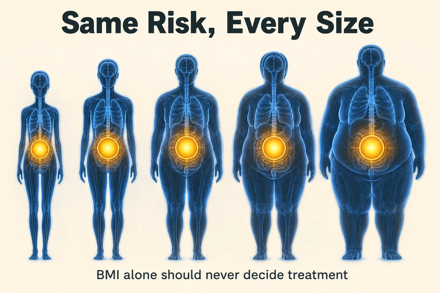 X-ray style silhouettes of different sizes with identical glowing cores, showing eating disorders occur at any body size
