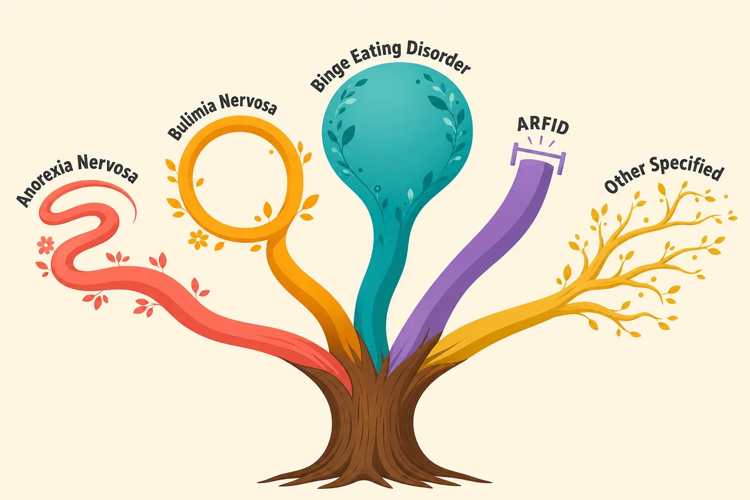 Tree with differently shaped branches, each representing a different type of eating disorder