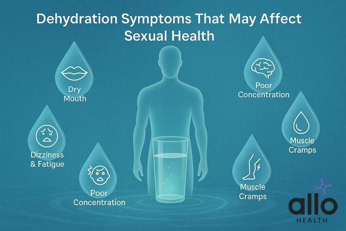 Infographic with a male silhouette surrounded by water droplets labeled dry mouth, dizziness, poor concentration, dark urine, and muscle cramps, highlighting symptoms linked to does dehydration cause erectile dysfunction.