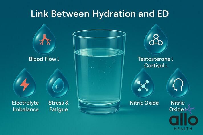 Infographic showing a glass of water with labeled droplets illustrating how dehydration affects erections — blood flow, hormones, nitric oxide, electrolytes, and stress — answering the question does dehydration cause erectile dysfunction.