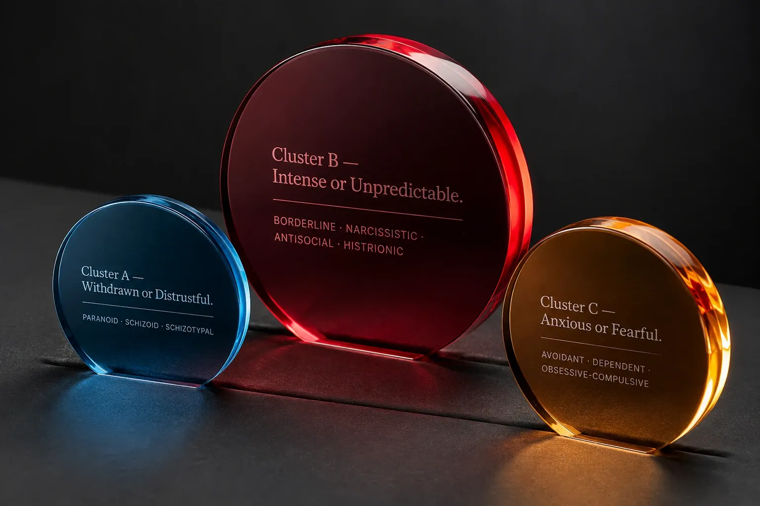 Three tinted glass discs of varying size photographed as physical objects glowing under studio light, etched with the three personality disorder clusters and their disorder names.