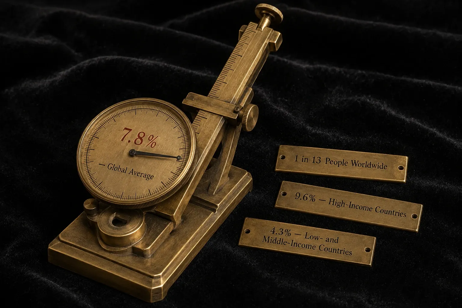 A precision brass measuring instrument and engraved brass plaques photographed as a studio product shot, displaying personality disorder prevalence statistics as physical stamped numerals