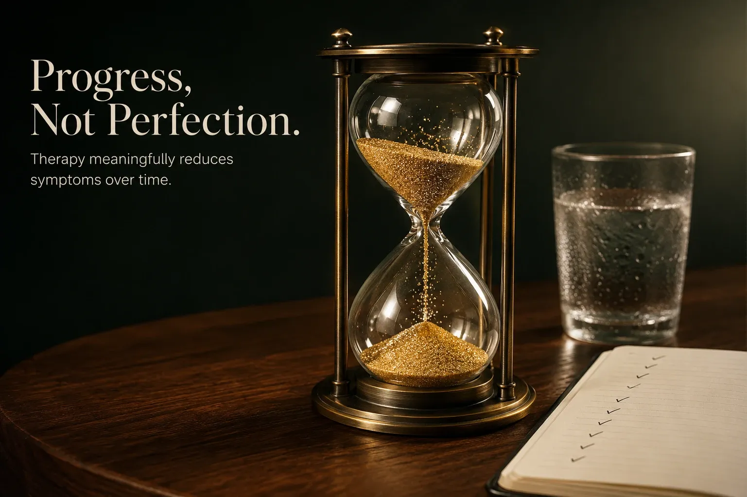 An hourglass with warm gold sand falling into a neat mound beside a notebook of evenly spaced checkmarks, symbolizing steady progress through ongoing therapy for personality disorders.