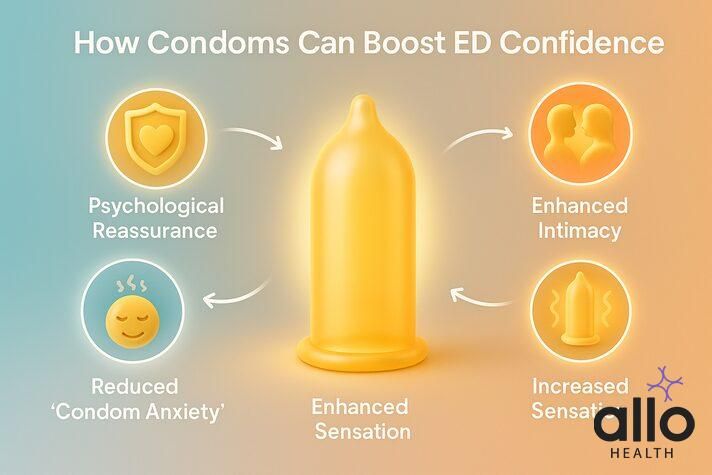 realistic infographic explaining how the best condoms for erectile dysfunction improve confidence with benefits like psychological reassurance, enhanced intimacy, reduced condom anxiety, and increased sensation