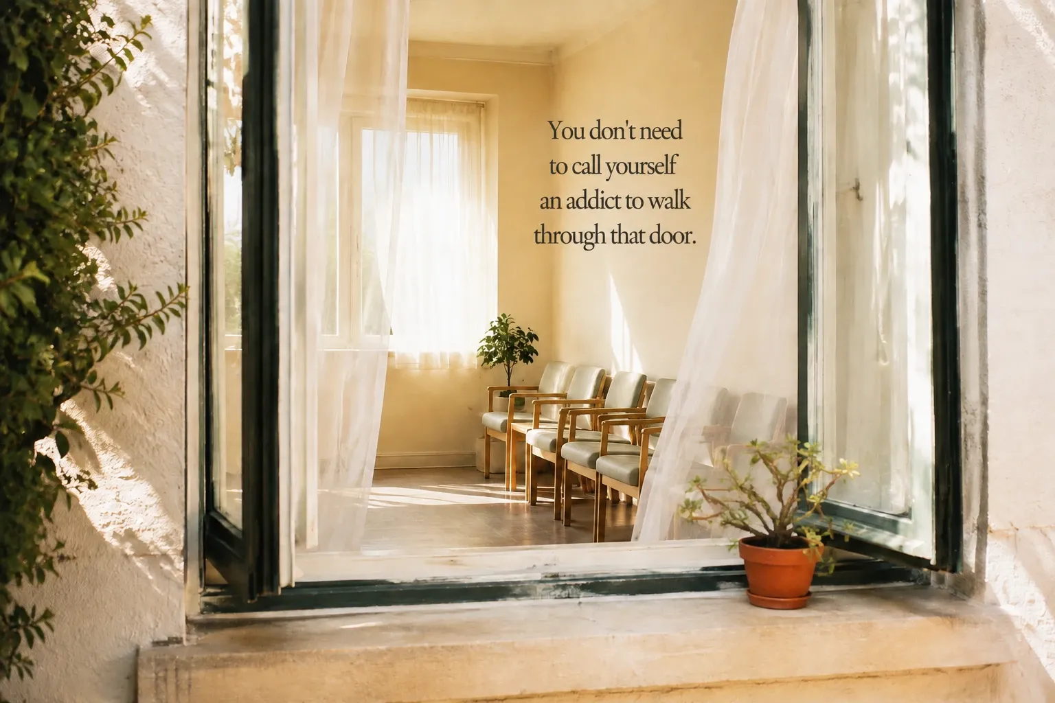 Sunlit therapy waiting room offering support for porn addiction.