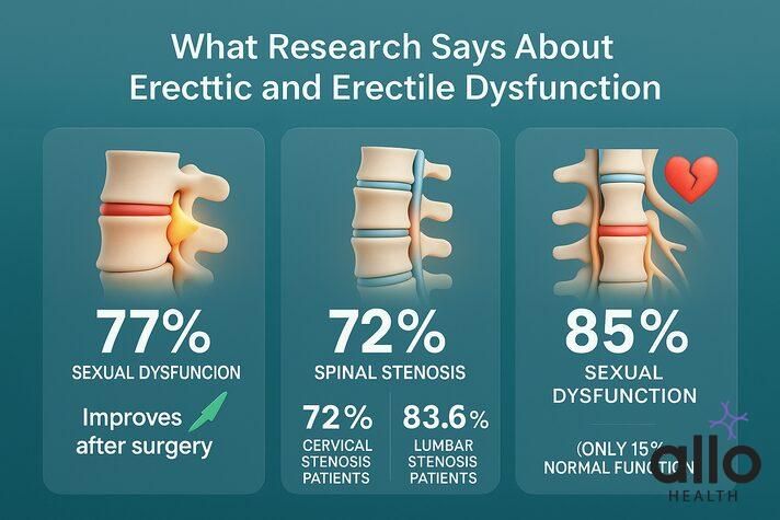 infographic showing research statistics on lumbar disc herniation, spinal stenosis, and cauda equina syndrome linked to sexual dysfunction, highlighting can sciatica cause erectile dysfunction.