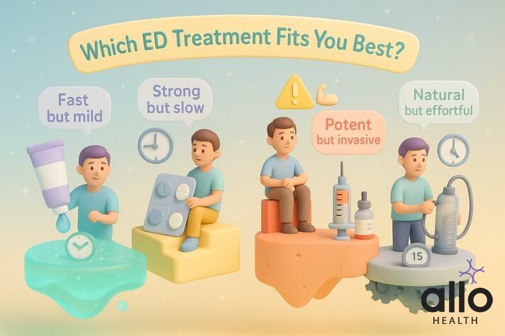 Comparison of ED treatments including erection gel, oral pills, injections, and vacuum devices for erectile dysfunction support