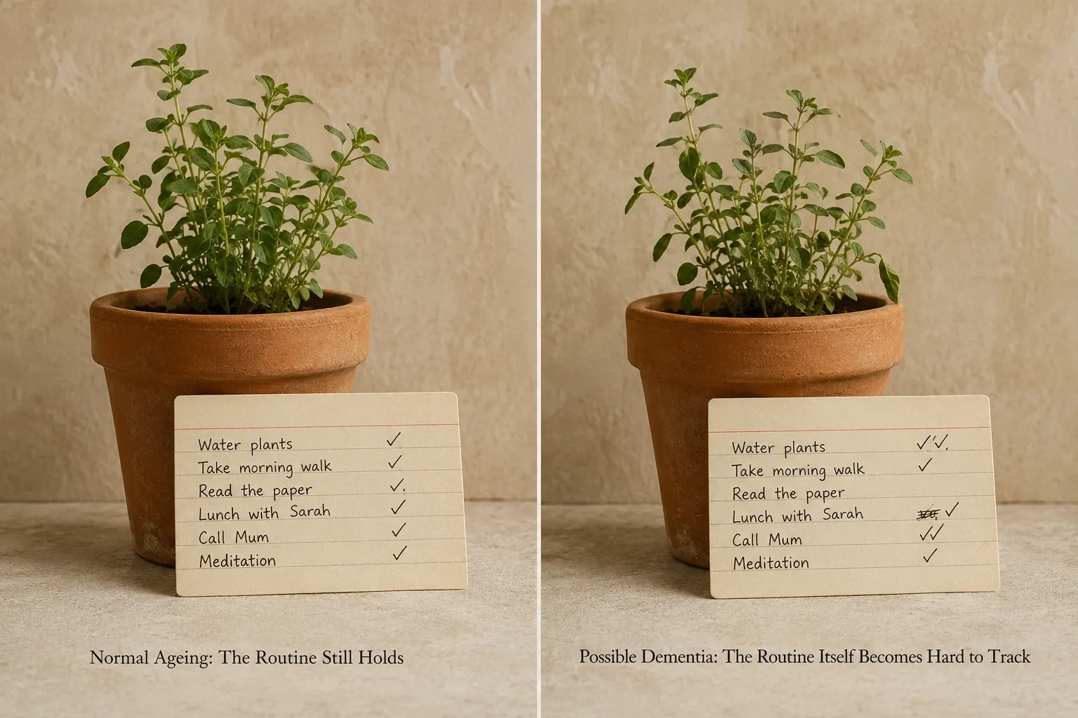 Two matched terracotta pots with watering schedule cards, one consistent and one confused, showing the difference between normal ageing and dementia