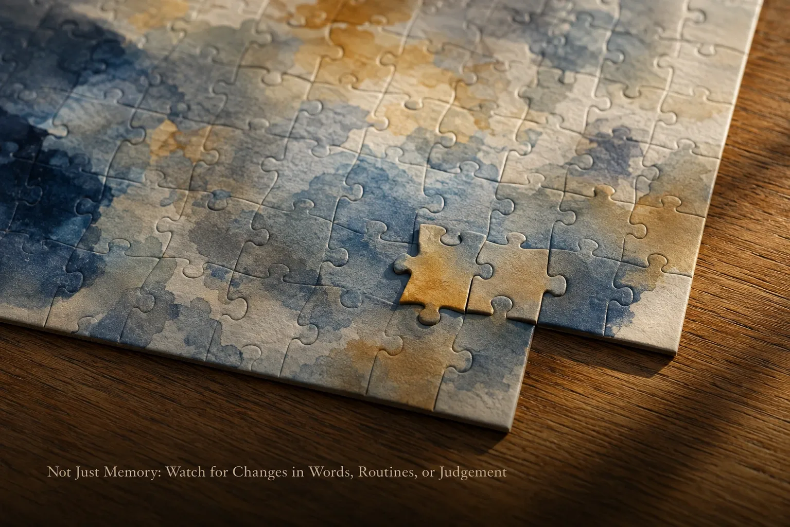 An editorial still-life of a jigsaw puzzle with a few pieces forced into the wrong slots, representing early language and judgement changes in dementia