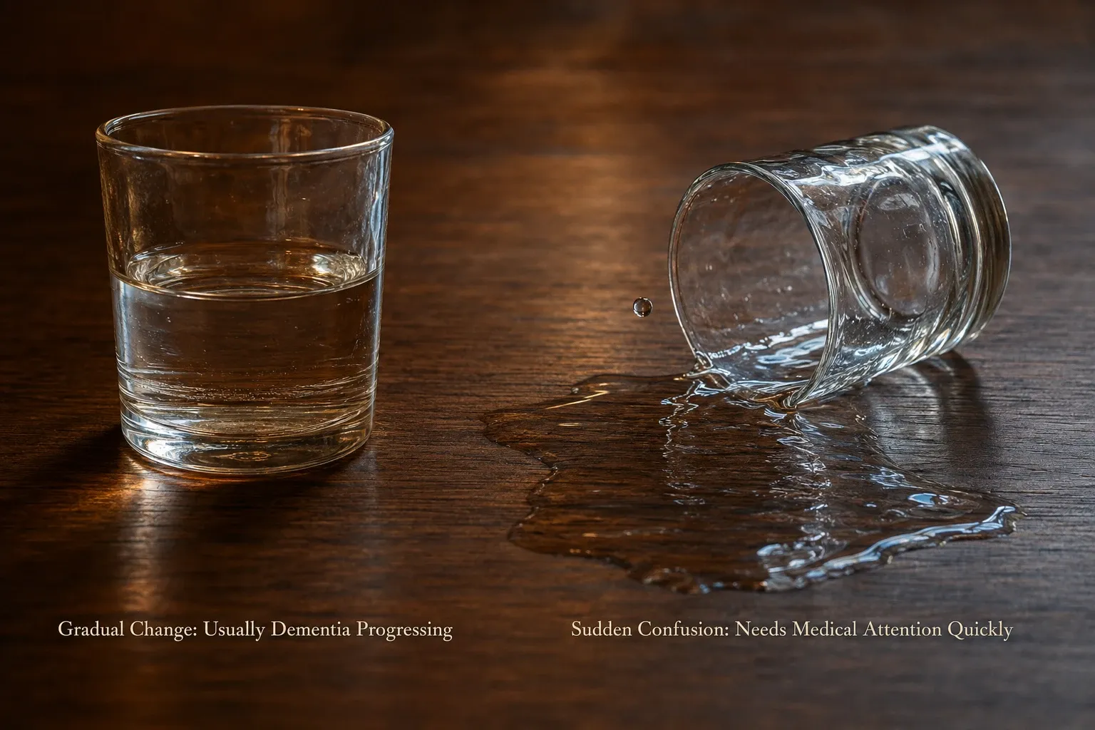 One glass of water evaporating slowly and one suddenly spilled, representing the difference between gradual dementia progression and sudden confusion requiring urgent care