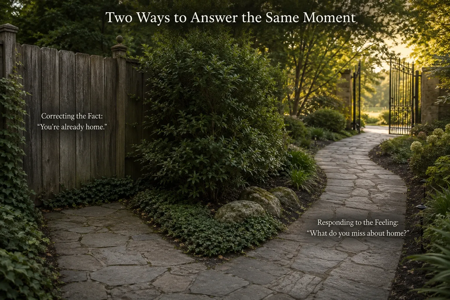 A garden path forking toward a closed fence and an open gate, representing correcting facts versus responding to feelings when caring for someone with dementia