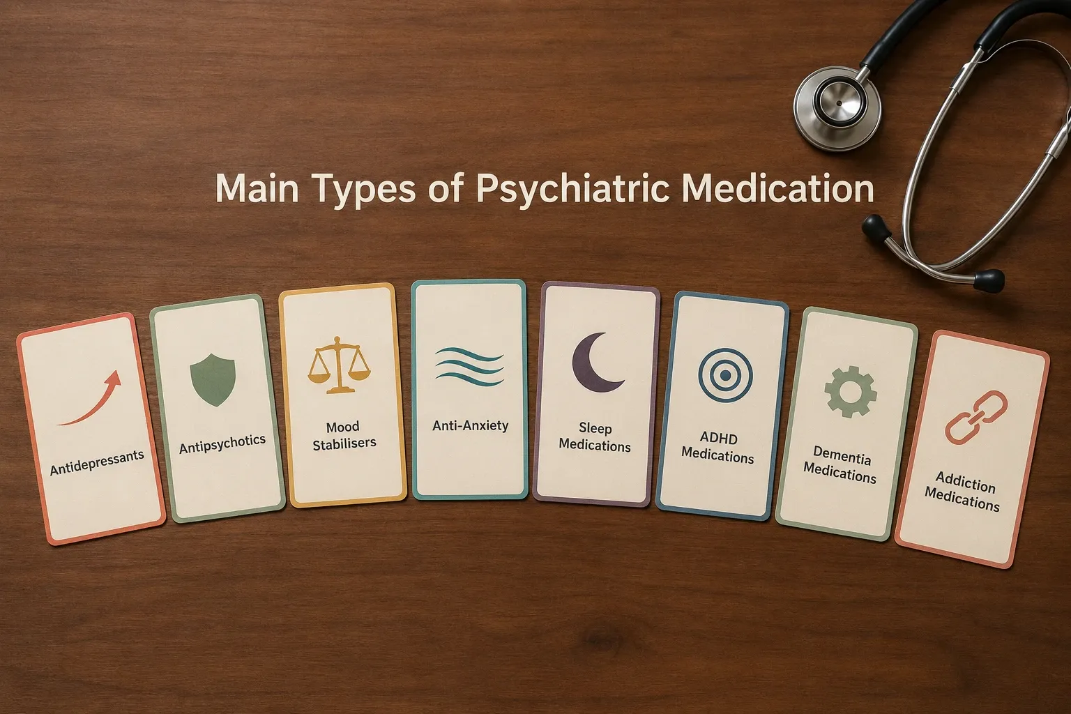 Reference cards representing the main types of psychiatric medication