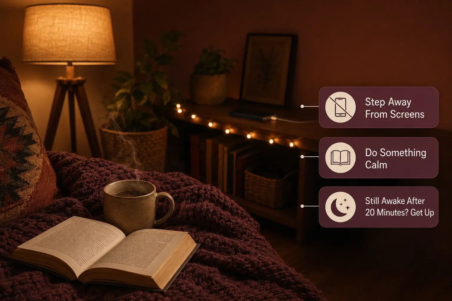 how to build a wind-down routine: stay away from screen, if you cant sleep, get up after 20 minutes, do something calm