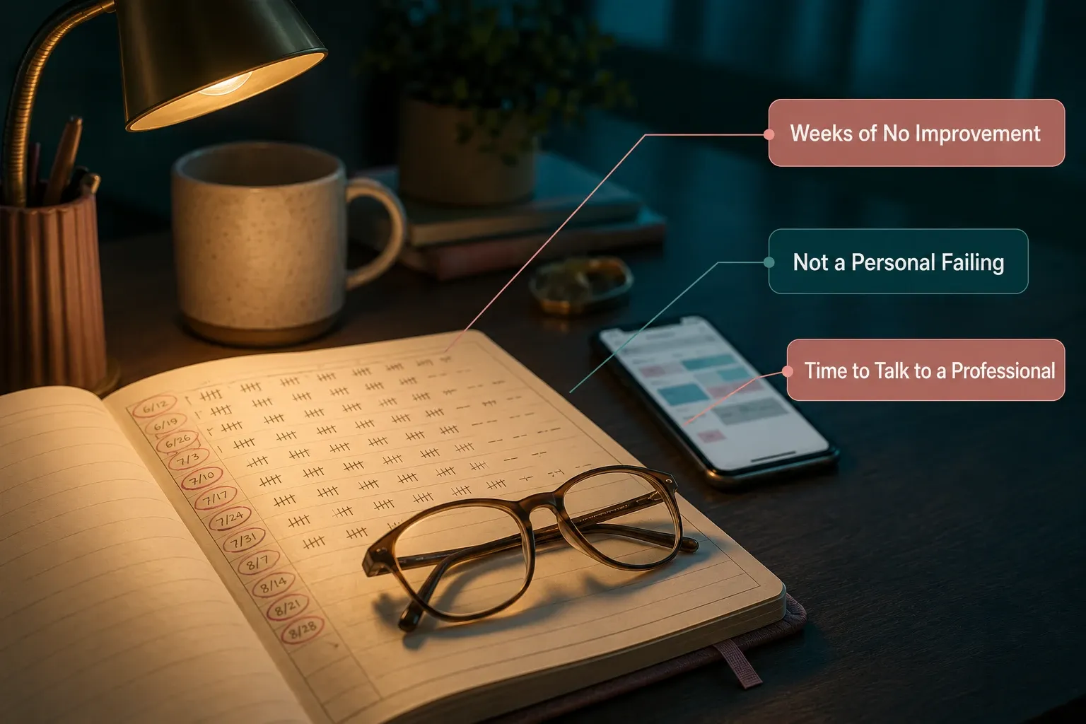 Sleep journal tracking weeks without improvement beside a phone, with a reminder that seeking professional help is not a personal failing.