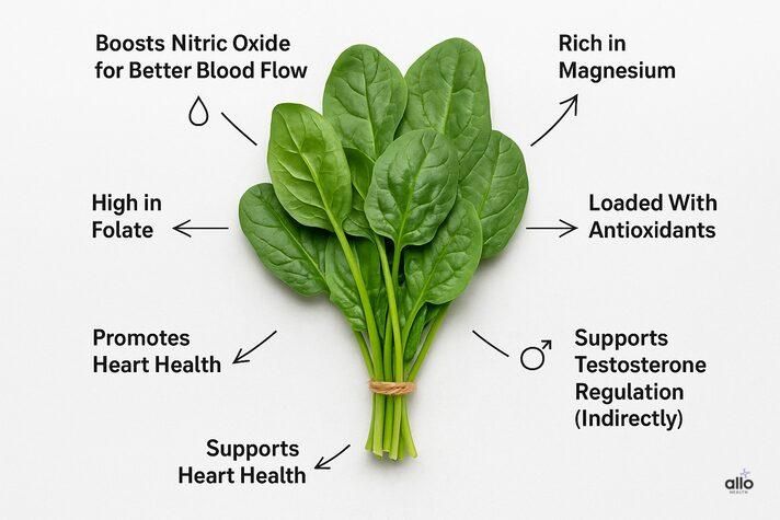 Infographic showing spinach benefits for erectile dysfunction, highlighting nutrients like nitrates, folate, magnesium, antioxidants, and heart-health support.