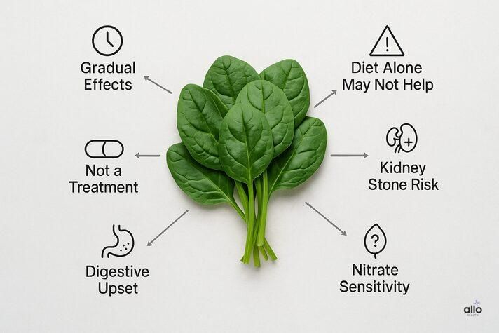 Infographic explaining limitations and side effects of spinach benefits for erectile dysfunction, including kidney stone risk, nitrate sensitivity, and gradual effects.