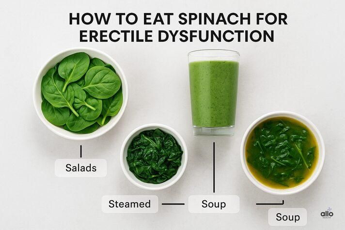 Infographic demonstrating how to eat spinach for erectile dysfunction, with visuals of salads, smoothies, steamed spinach, and spinach soup.