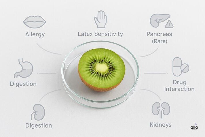 Kiwi for erectile dysfunction shown in a petri dish with icons highlighting possible side effects such as allergy, digestion issues, kidney concerns, and drug interactions